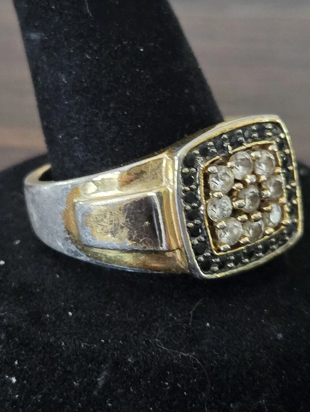 VTG 80s RSC Gold Plated Faux Black White Diamond Cushion Set Signet Ring 13